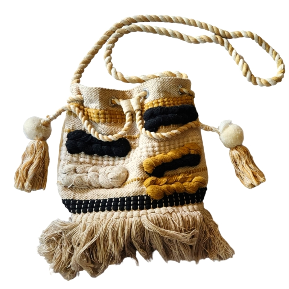 Woven Embroidered Canvas BOHO Crossbody Bucket Bag Purse Fringe Beige Black